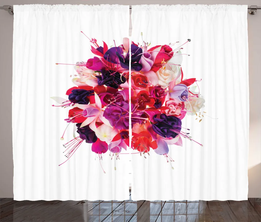 Rideau de décoration salon bouquet floral exotique pêche et violet foncé