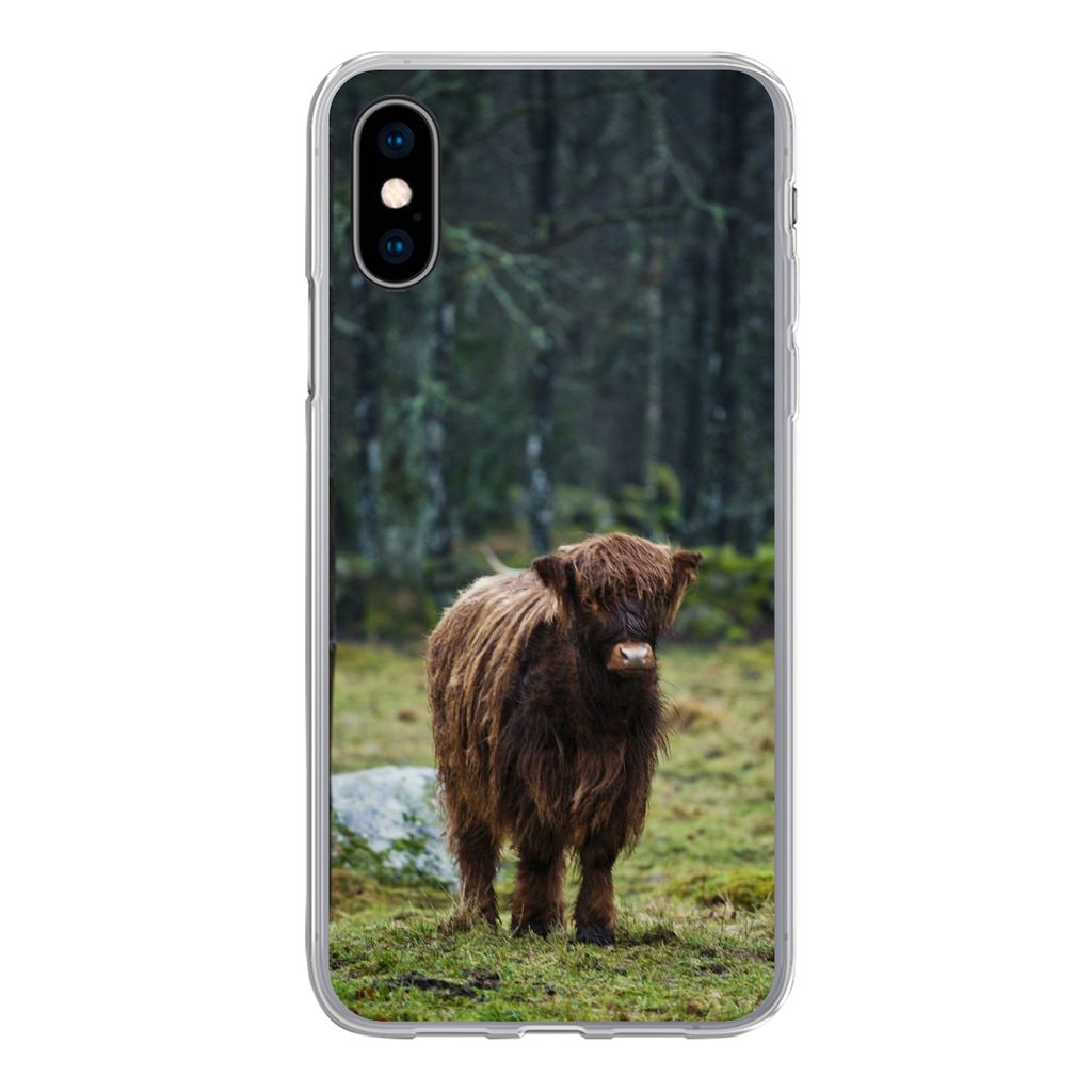 MuchoWow Handyhülle Schutzhülle Hülle für iPhone X Schottischer Hochländer - Wald - Moos Silikon Softcase Handy Hülle - Handyhülle