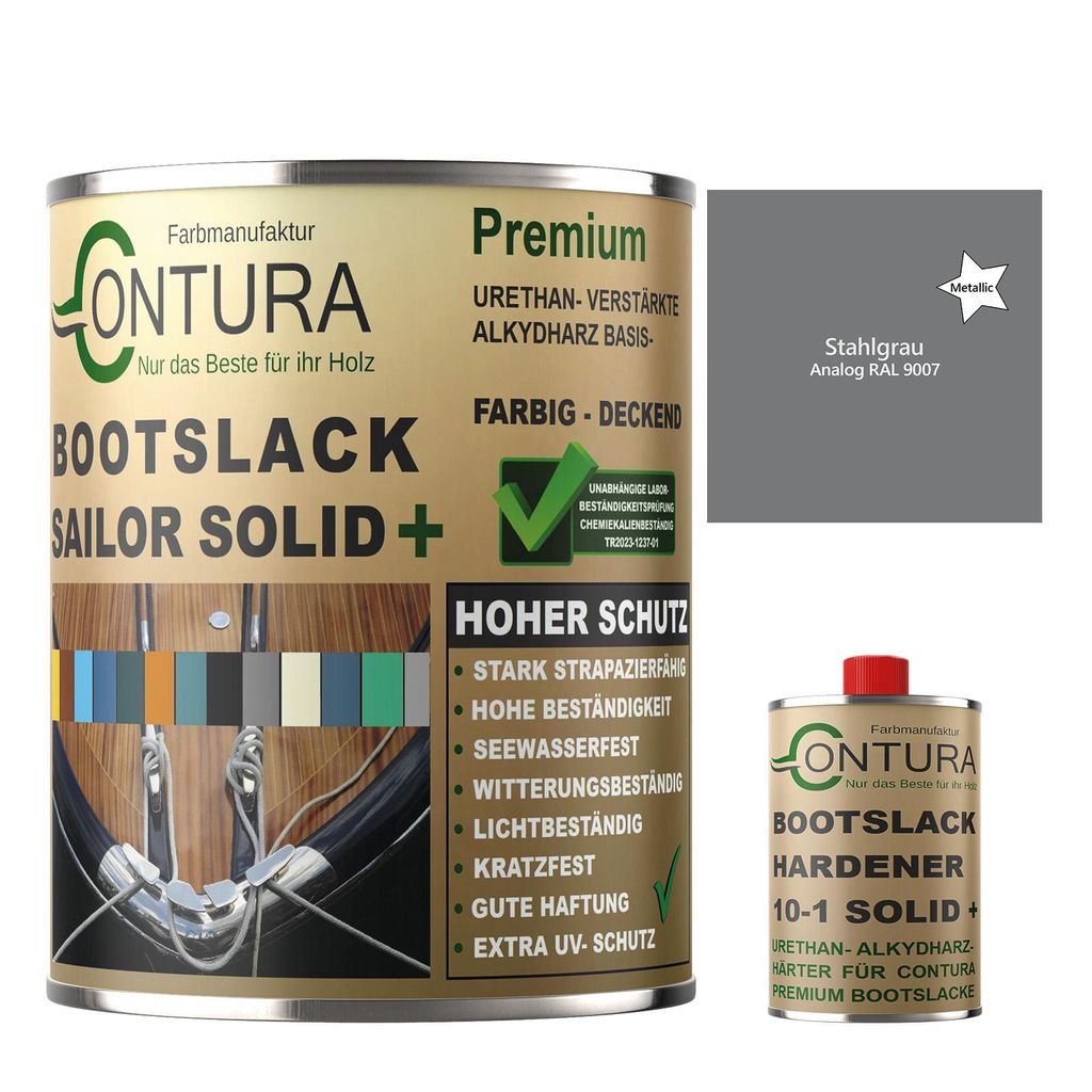 Contura 2.75Liter 2K Bootslack SEIDENMATT RAL Farbe Yachtlack Holzlack GFK Metall Boot Schiffslack - Stahlgrau RAL 9007 - (2.5 Liter + 250ml. HÄRTER)