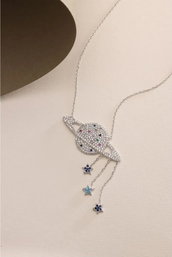 Collier Planètes Rhodié Argent 925 et Pendentif Étoiles Scintillantes