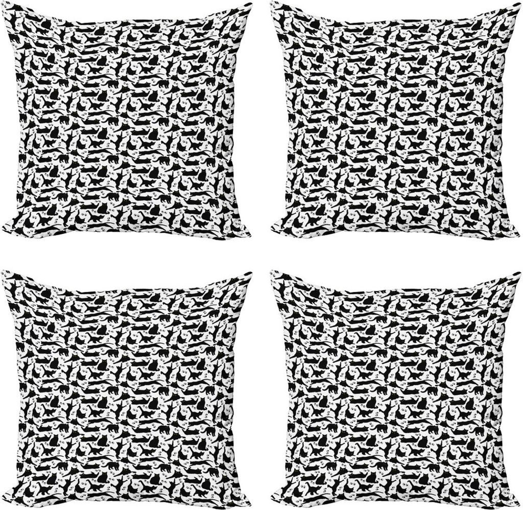 ABAKUHAUS Katze Kissenbezug Set (4 Stück), Schwarze Katzen Verschiedene Poses, Moderner Doppelseitiger Digitaldruck, 40 cm x 40 cm, Schwarz-Weiss