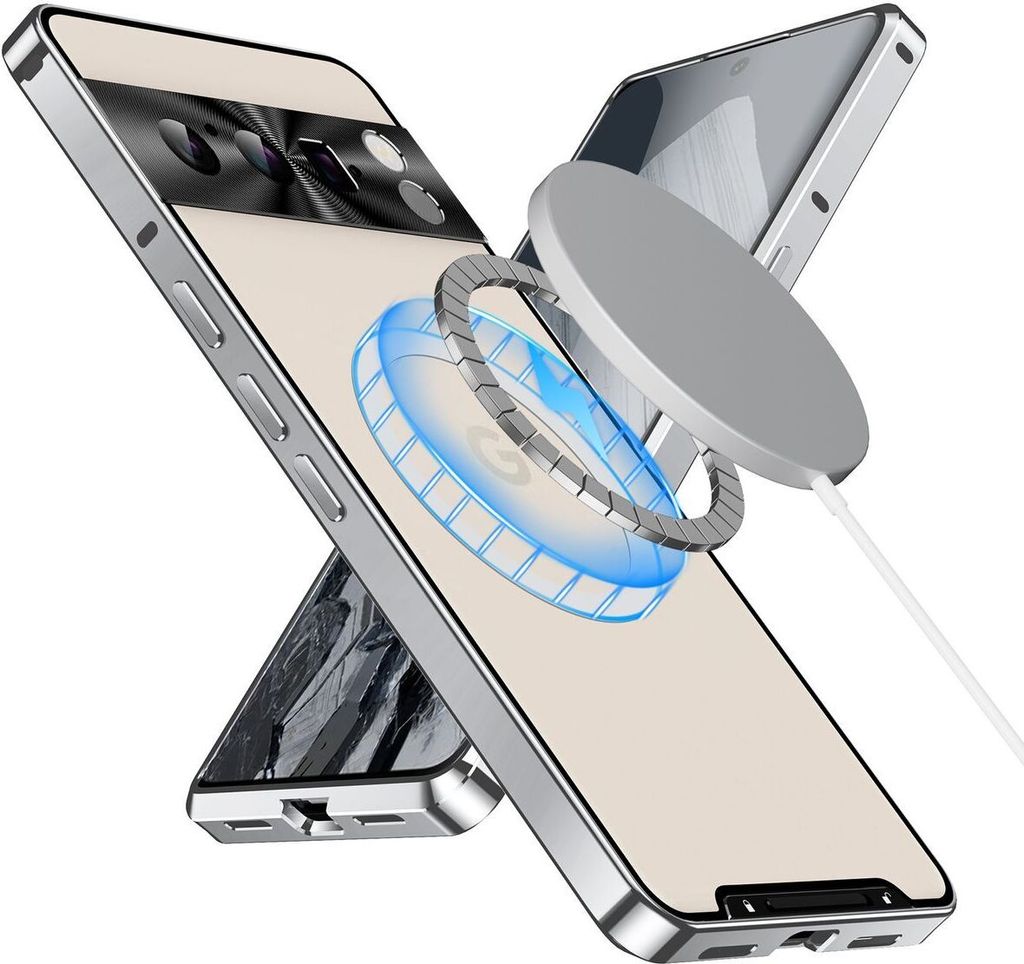 Metall Hülle für Google Pixel 8 Pro mit eingebaut Magnetspule Matte Durchscheinend Handyhülle Kameraschutz Silber
