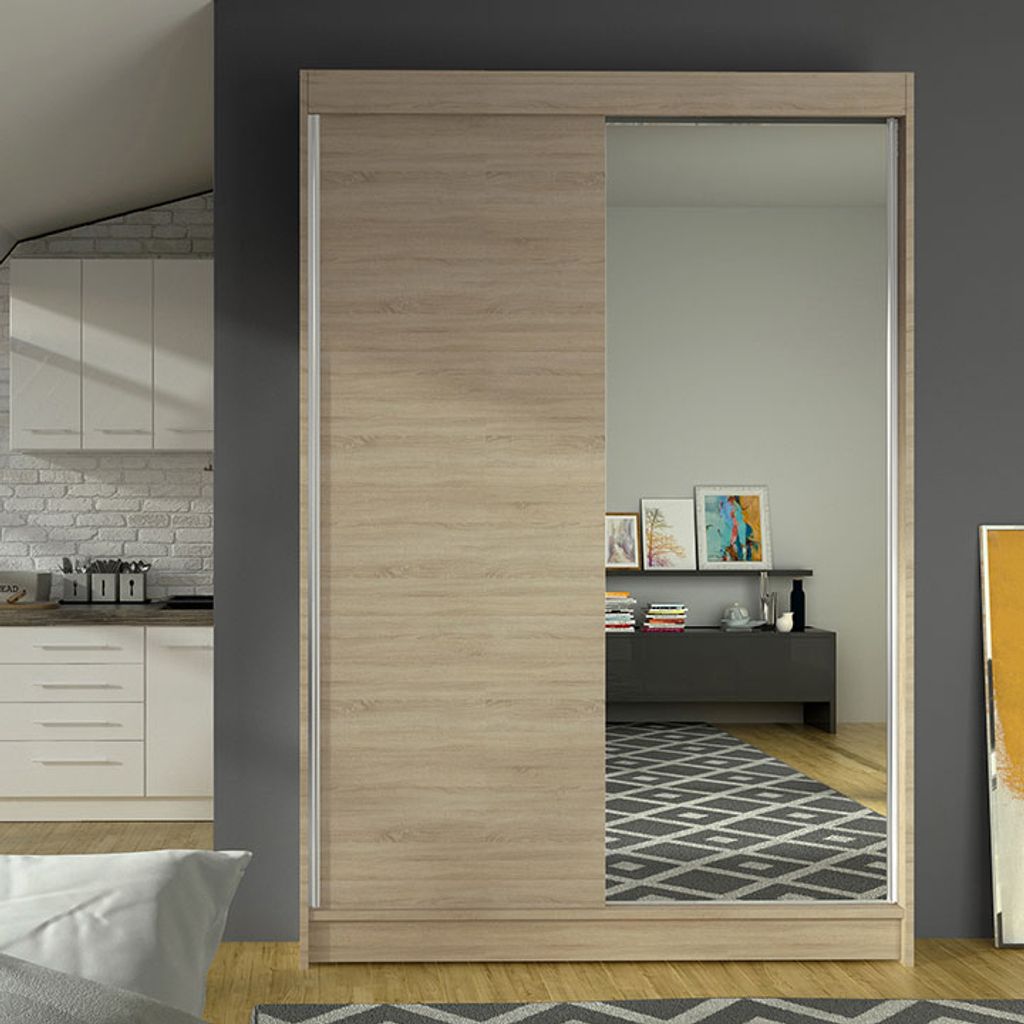MIRJAN24 Schiebetürenschrank Lino I, mit Spiegel, Kleiderschrank vom Hersteller (Sonoma Eiche, ohne Beleuchtung)
