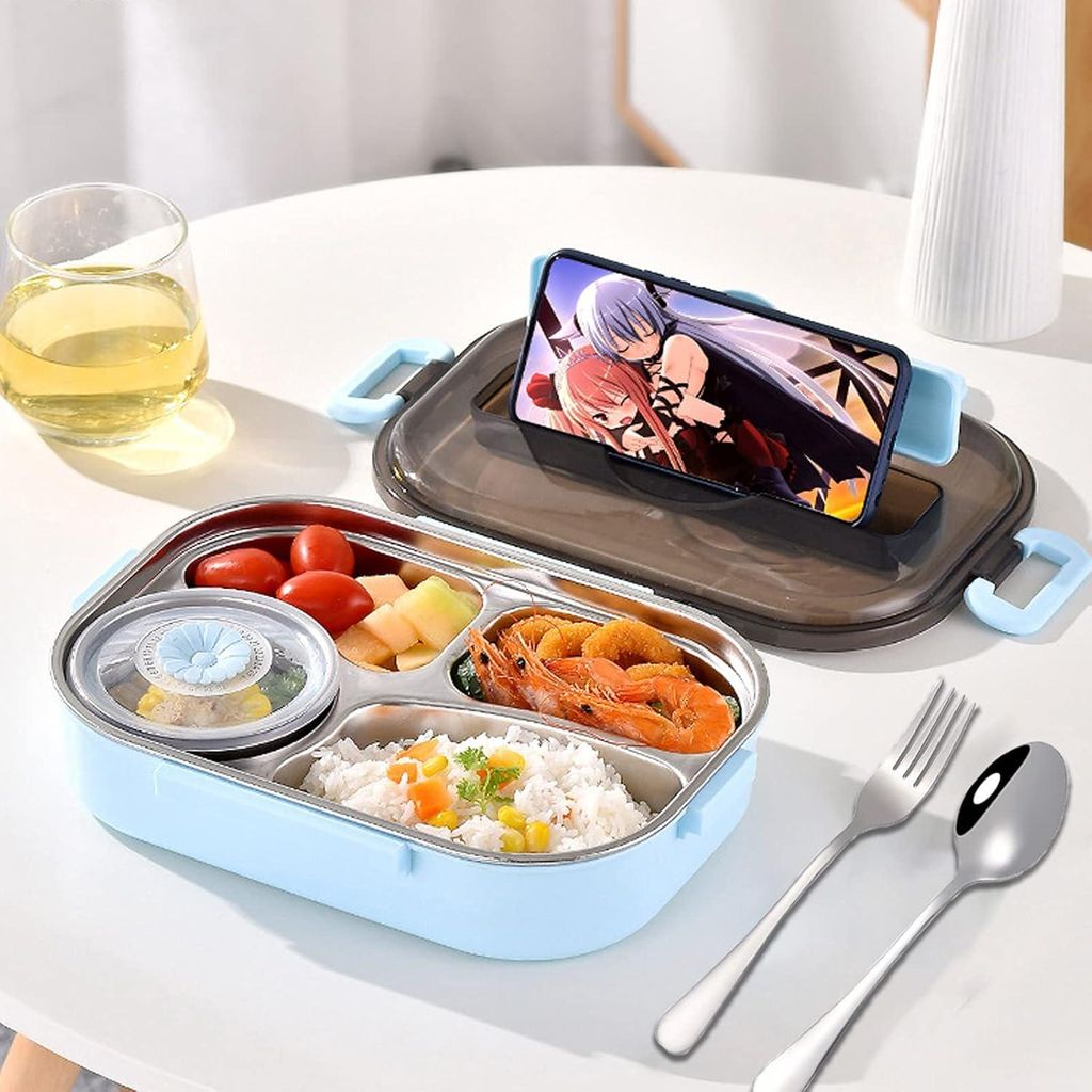 Edelstahl-Lunchbox mit 4 Fächern - Gabel und Löffel - Dessertbecher - 1500 ml - Bento-Lunchbox - Warmhaltedose - Frühstücksbox - Wandern - Reis...