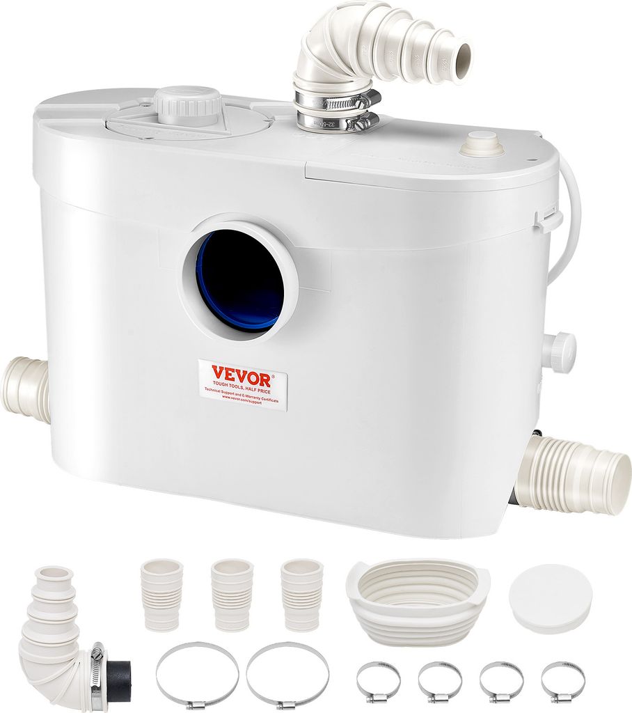 A white wastewater pump station with various accessories shown below it, all on a white background.