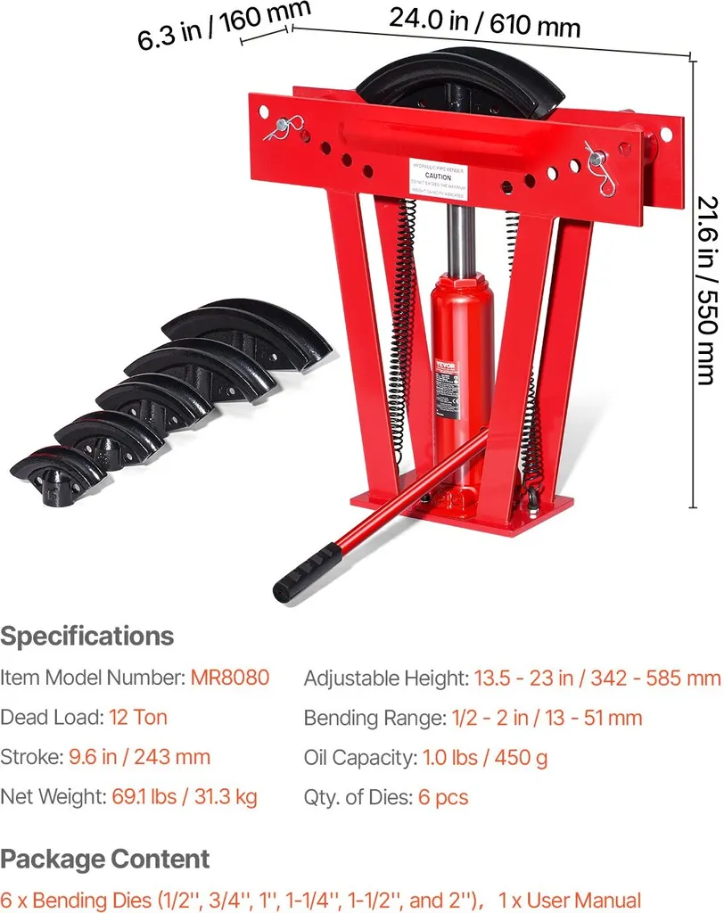 Cintreuse manuelle hydraulique 12 tonnes performante avec 6 matrices