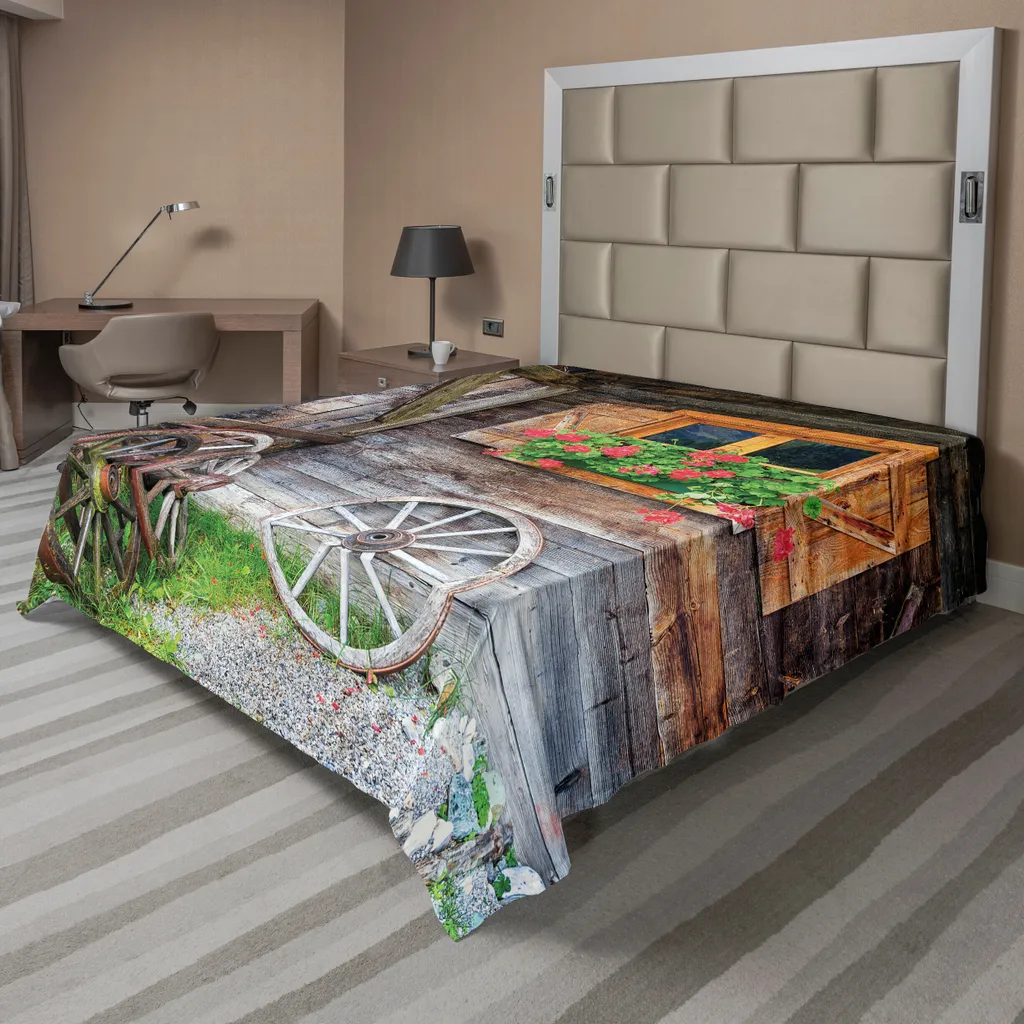 Drap plat à volants ABAKUHAUS 266x260 cm, motif ferme et fleurs en pot