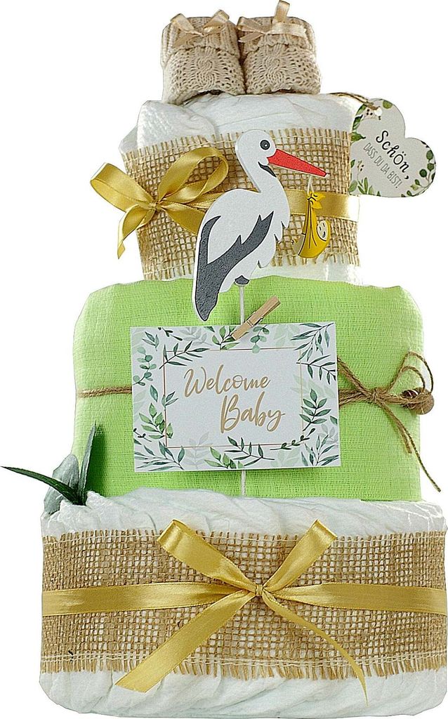 Neutrale Windeltorte Storch mit Bündel | inkl. Babybooties und Mullwindel | grün