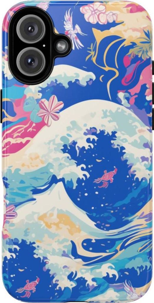 Bunte Meereswellen und florales Muster – Hülle Kompatibel mit iPhone 16 Plus