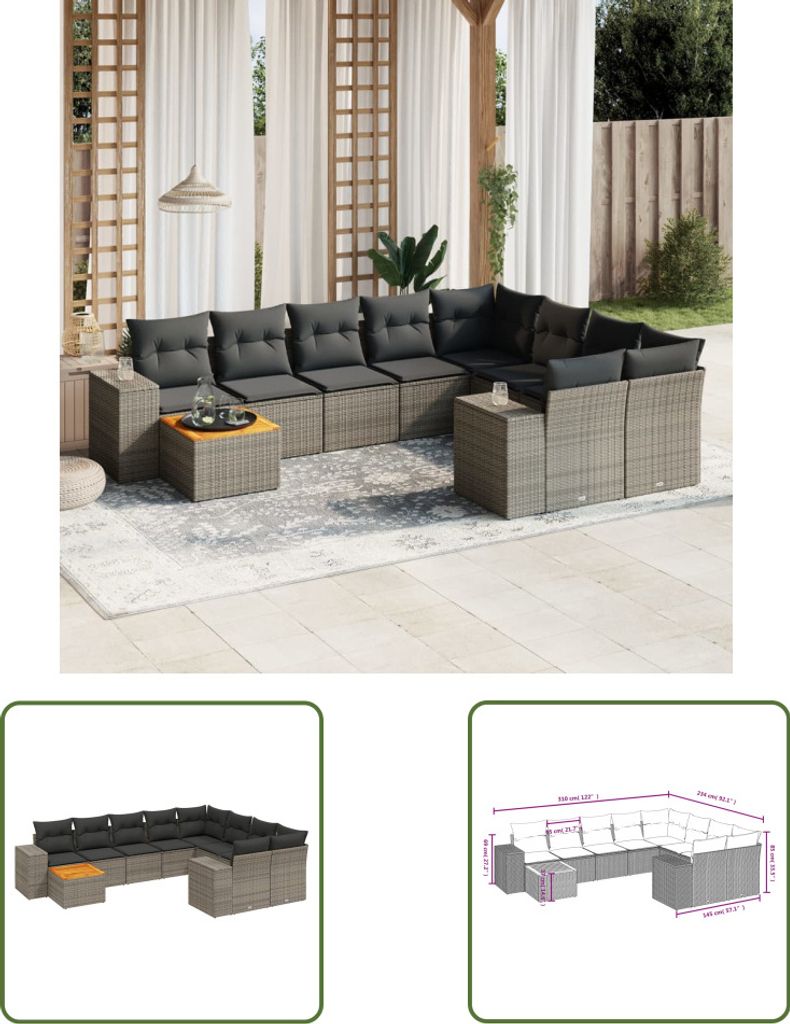 The Living Store 10-tlg. Garten-Sofagarnitur mit Kissen Grau Poly Rattan