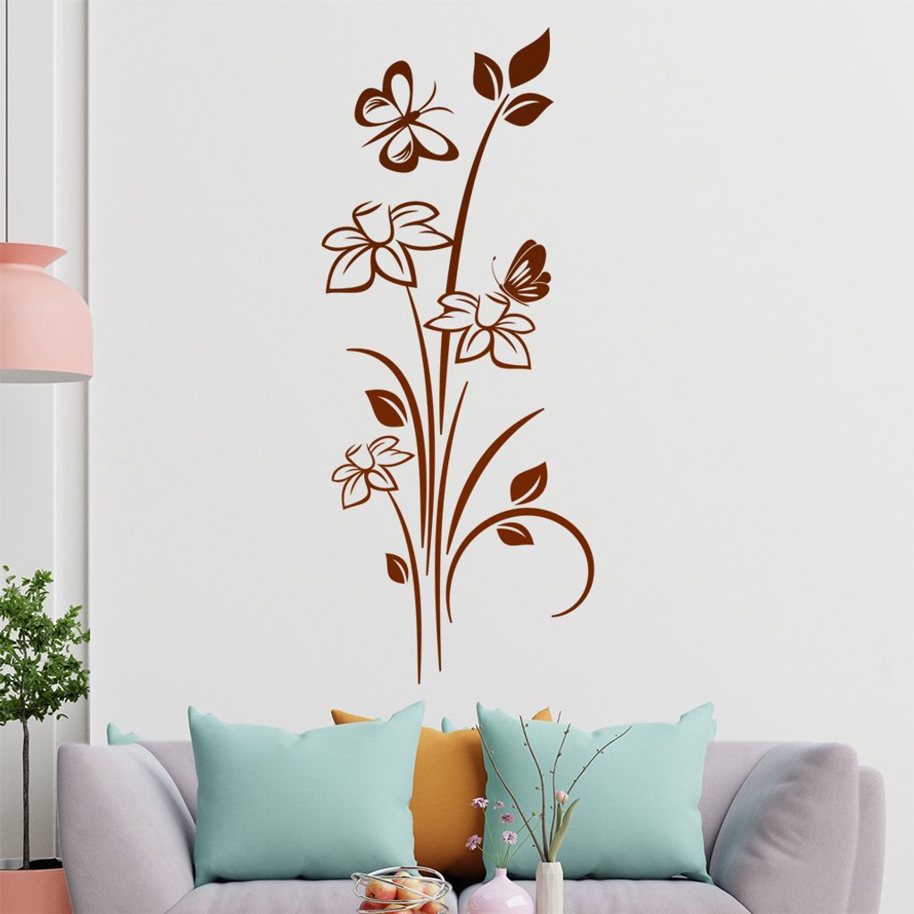 zwei Schmetterling mit Blume Wandtattoo in 6 Größen - Wandaufkleber Wall Sticker - Dekoration, Küche, Wohnzimmer, Schlafzimmer, Badezimmer