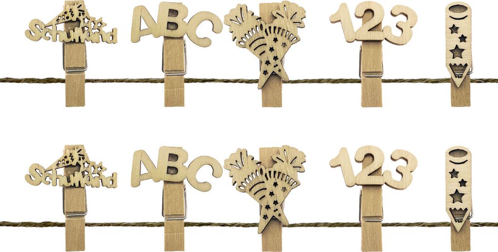 Oblique Unique 10 Mini Wäscheklammern Holz Miniklammern mit Schulkind 123 ABC Motiv für Schuleinführung Einschulung - natur