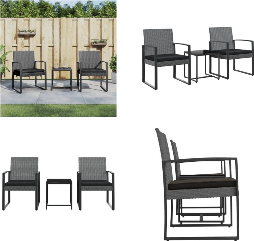 vidaXL 3 tlg. Garten Essgruppe mit Kissen Dunkelgrau PP Rattan - Garten Essgruppe - Garten Essgruppen - Essgruppe - Essgruppe Terrasse