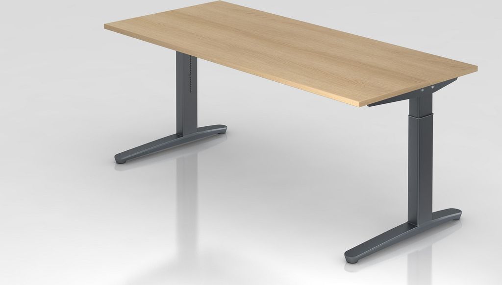 Schreibtisch Mika | Eiche | Graues Gestell | BxT 180x80cm | Arbeitshöhe 65-85cm | höhenjustierbar, 1cm Raster | C-Fuß-Gestell | Rechteckform