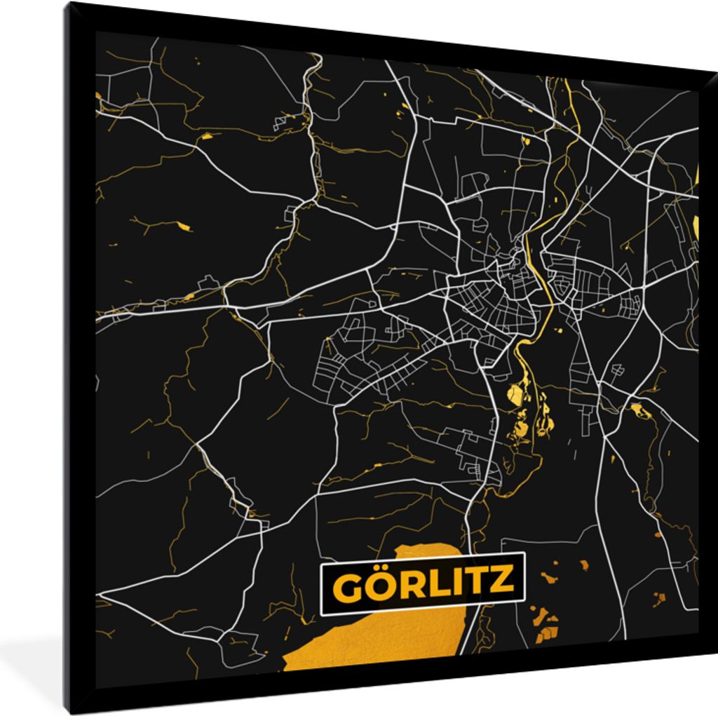 MuchoWow Gerahmtes Poster Deutschland - Schwarz und Gold - Görlitz - Stadtplan - Karte 40x40 cm - Poster mit Schwarzem Bilderrahmen Wandposter R...