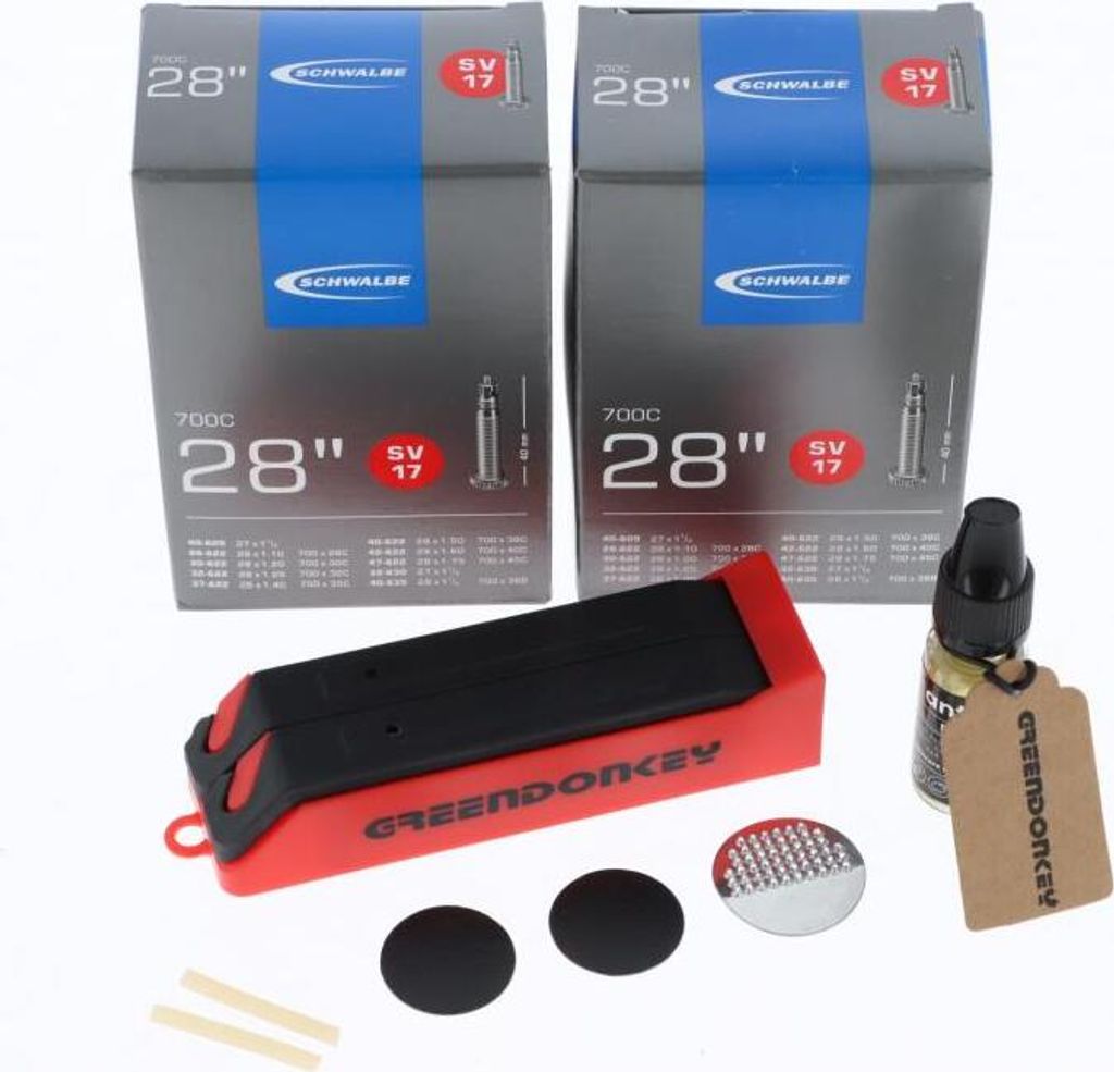 Schwalbe Schlauch SV 17 28 Zoll Greendonkey Flickzeug Reifenheber Kettenöl Set