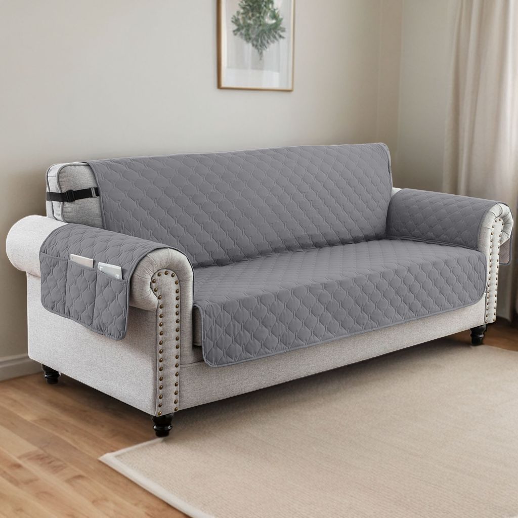 Wasserdichte Sofabezug Rutschfest Sofa Schoner Seitentasche Couch Bezug Schutz für Haustiere, Katzen, Hunde, Spielende Kinder Grau