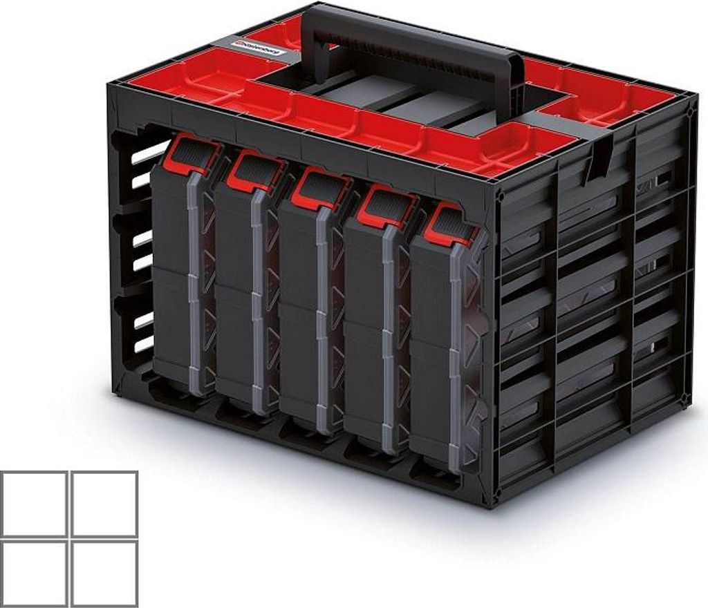 A black and red storage organizer with multiple compartments.