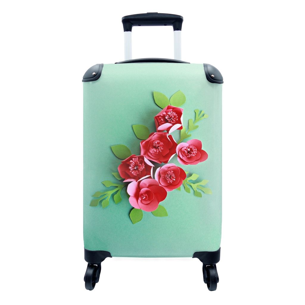 MuchoWow Koffer Handgepäck Trolley Rollkoffer Kleine Reisekoffer mit 4 Rollen - Papierkunst Blumen auf grünem Hintergrund - Cabin Size < 55x40x...
