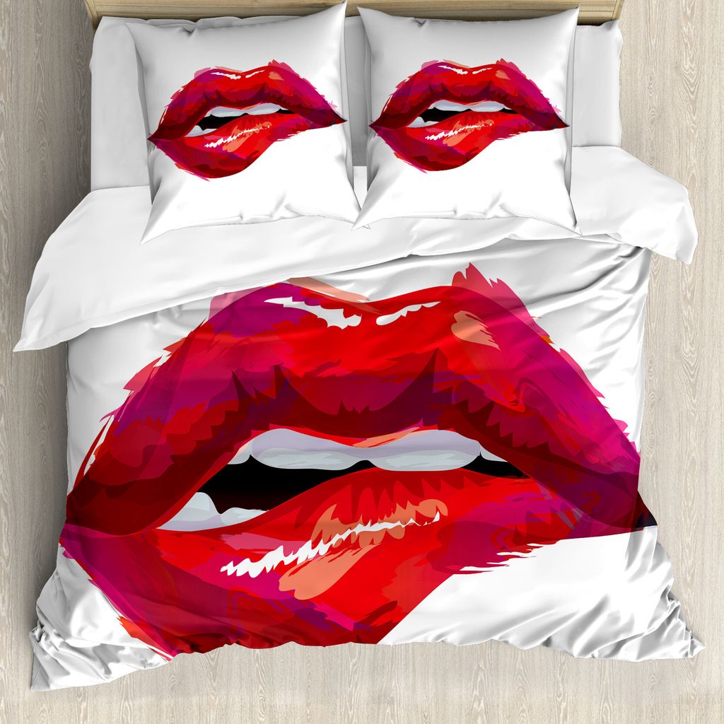 ABAKUHAUS Lippen Bettbezug, Frau Beißende Lippen, Milbensicher Allergiker geeignet mit Kissenbezügen, 200 cm x 200 cm - 80 x 80 cm, Dunkler Coral...