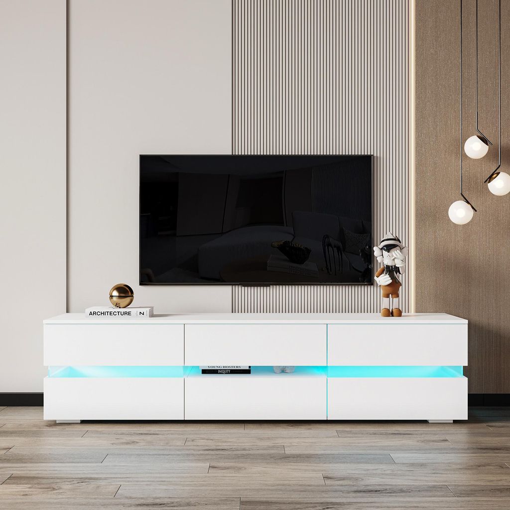 TV-Lowboard TV-Schrank mit blauem LED-Licht 177x39x47 cm UV Hochglanz Acryl Weiss Wohnzimmer Aufbewahrung modern stilvoll