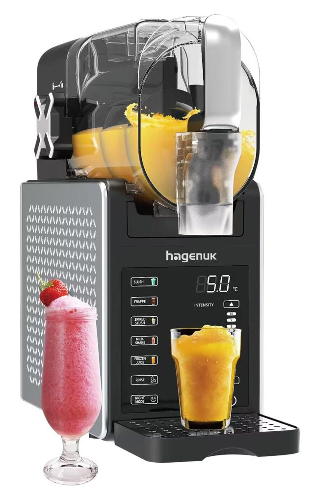 A Hagenuk Slush Ice machine is shown with a strawberry slush drink in a glass and an orange slush drink in a cup.