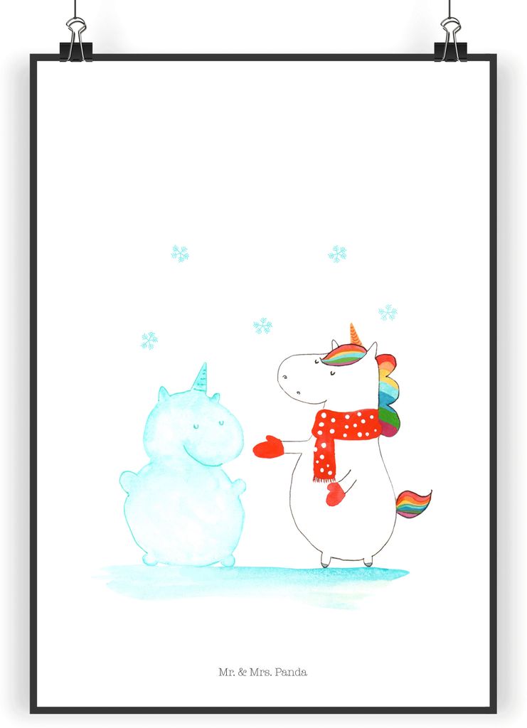 Mr. & Mrs. Panda Bild Einhorn Schneemann DIN A4 - Weiß - Geschenk, wanddeko, Kuchen, Winter, Mütze, Unicorn, Schnee, Kunstdruck, poster, Wandbild...