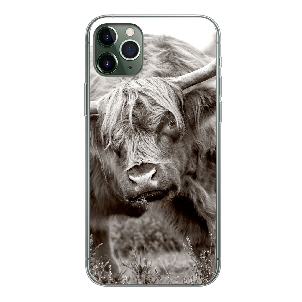 MuchoWow Handyhülle Schutzhülle Hülle für iPhone 11 Pro Max Schottischer Highlander - Schwarz - Weiß - Hörner Silikon Softcase Handy Hülle...