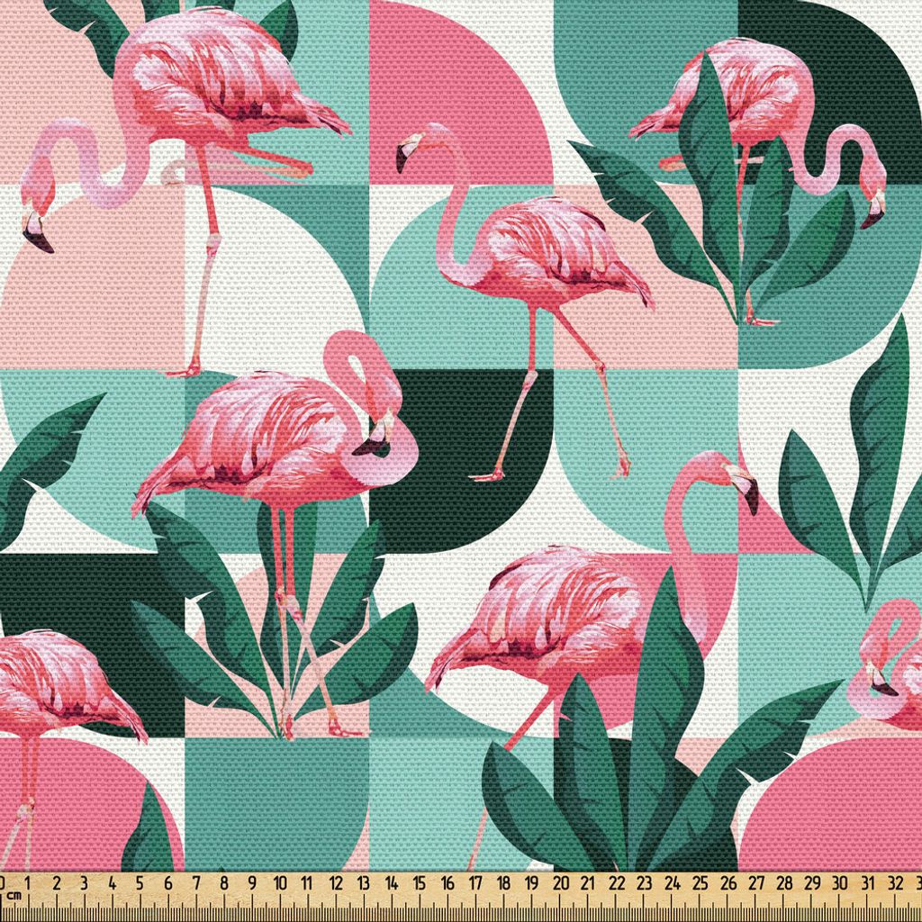 ABAKUHAUS Flamingo Gewebe als Meterware, Exotic Beach Birds Fans Palm Blätter auf Geometrischen Kreis-moderne tropische Kunst, 10 M (148 x 1000 cm...