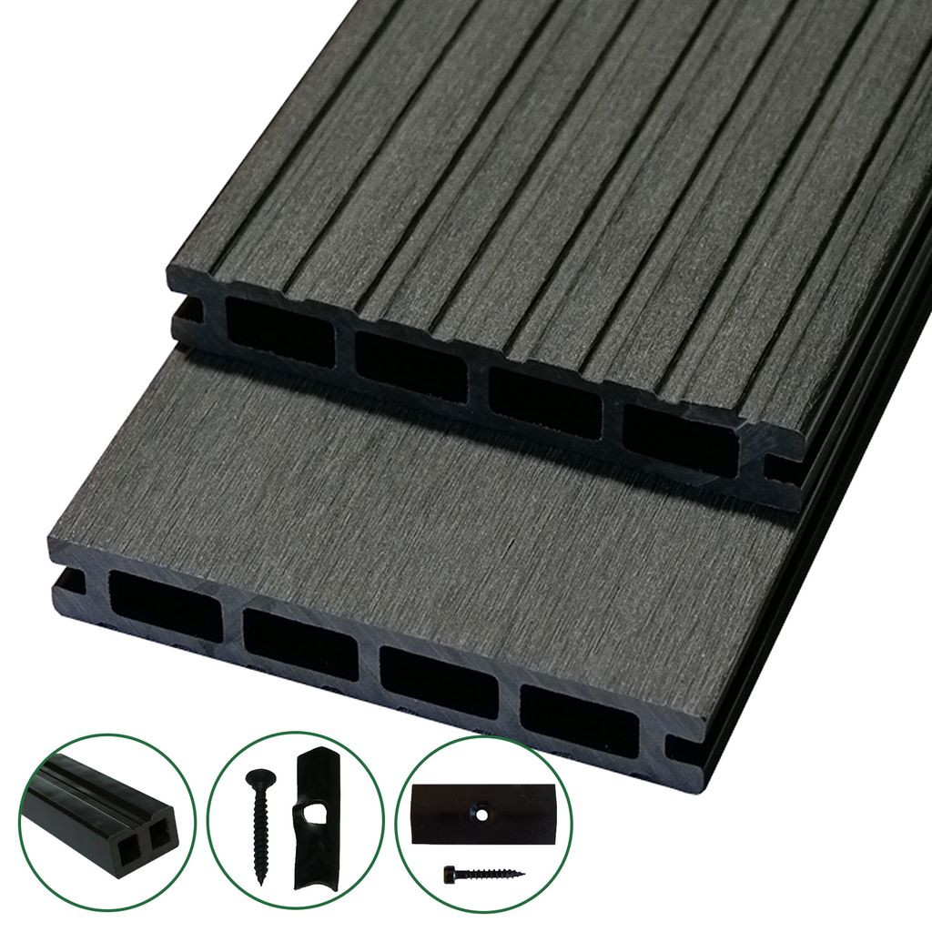 WOODSTORE24 WPC Terrassendielen Komplettset - 19 m² - mit Unterkonstruktion Rhodos Grau, geriffelt, Diele für Terrasse & Balkon, Klicksystem