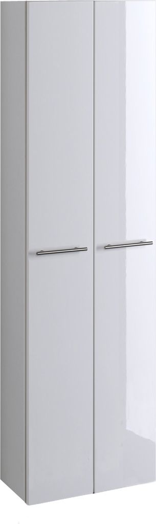A tall, narrow white cabinet with two doors and silver handles.