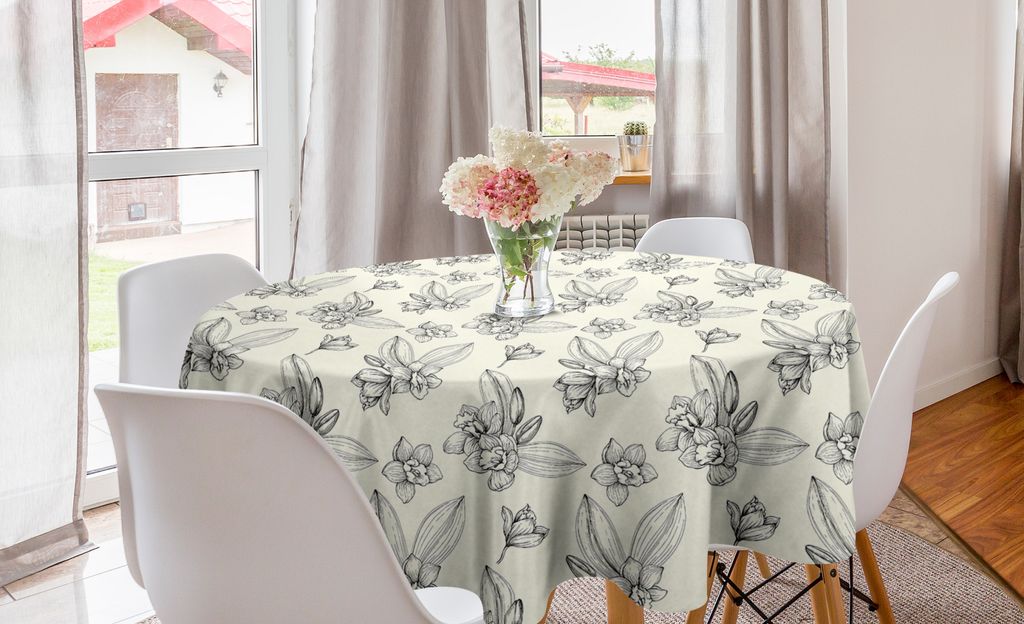 ABAKUHAUS Blumen Runde Tischdecke, Vintage romantische Orchideen, Kreis Tischdecke Abdeckung für Esszimmer Küche Dekoration, 150 cm, Creme Koksgraue