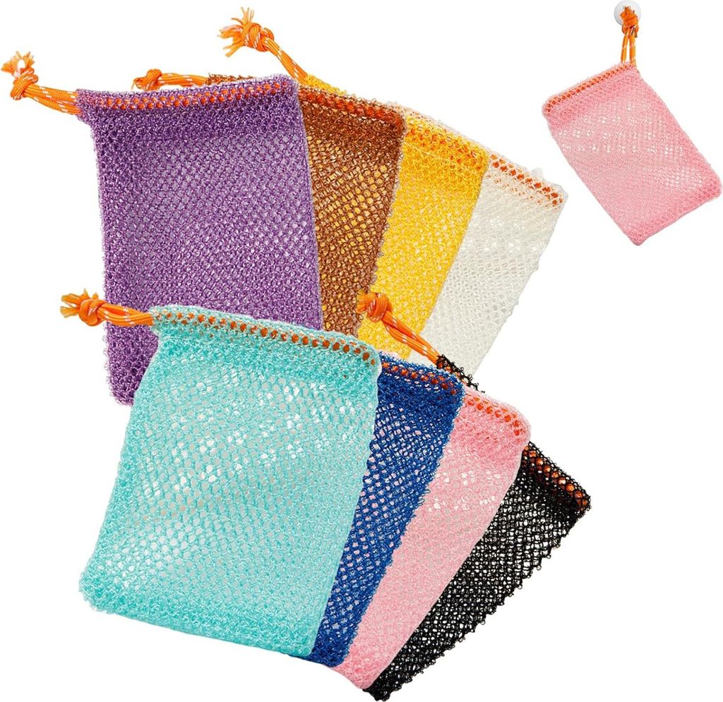 Bunte Nylon-Seifensäckchen mit Zugband - 8 Stück für feste Seife - Seifensäckchen für die Dusche und Netztasche zum Aufschäumen und Trocknen ...