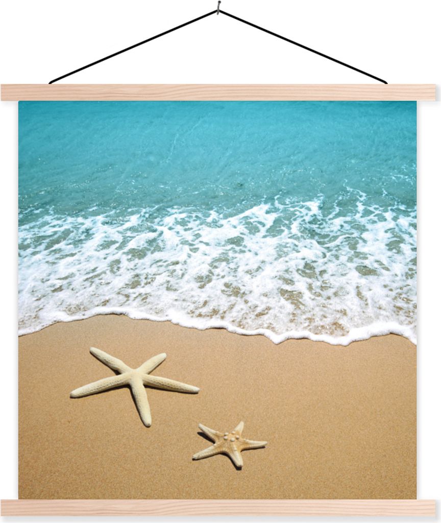 MuchoWow Textilposter Meer - Strand - Seestern 60x60 cm mit holzfarbenen Rahmen - Wanddekoration