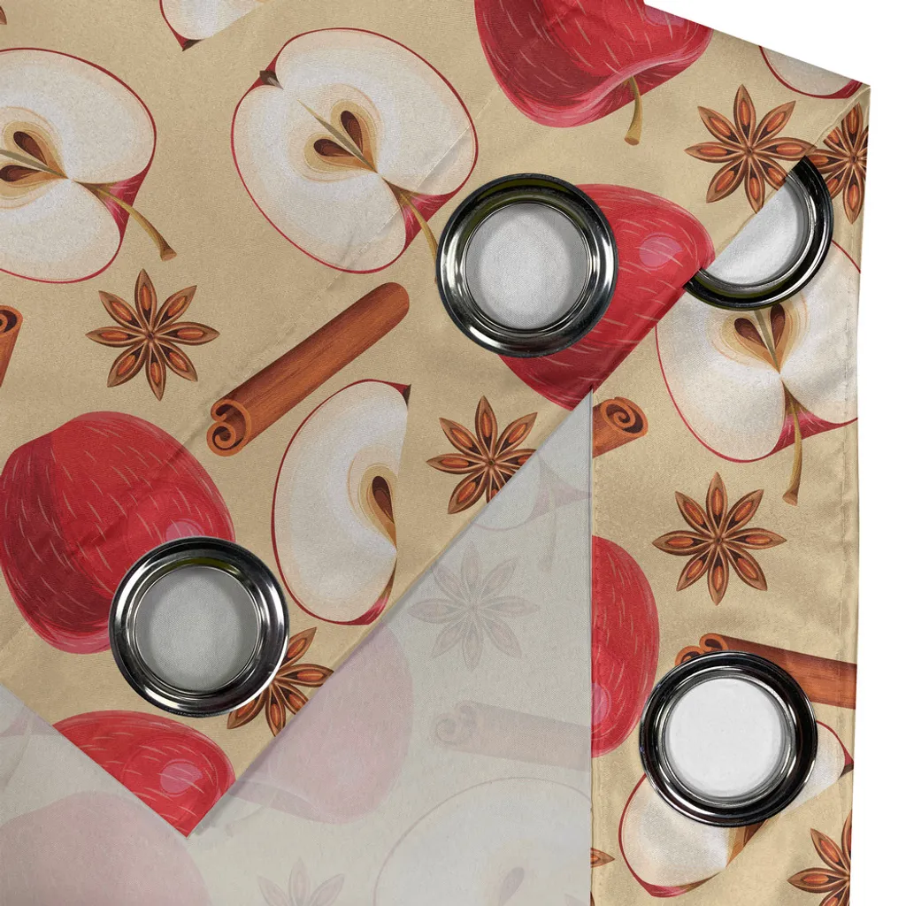 ABAKUHAUS Tenda con occhielli a forma di mela, mele tagliate in quarti e a metà con bastoncini di cannella e anice stellato - Ricetta dietetica, tende decorative a 2 pannelli per finestre, 280 cm x 175 cm, beige cannella rosso - 3