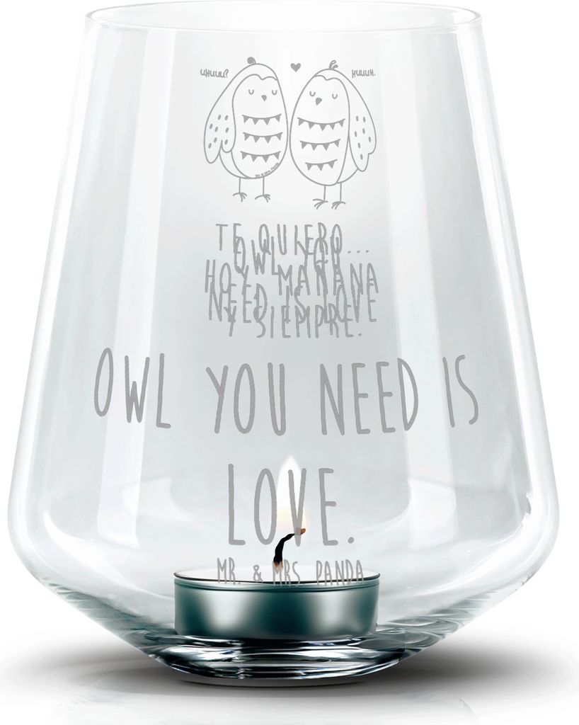 Mr. & Mrs. Panda Kerzenhalter Eulen Liebe - Transparent - Geschenk, Liebesspruch, Glas Windlicht, Eule, Laterne, glücklich, Teelichthalter, Owl