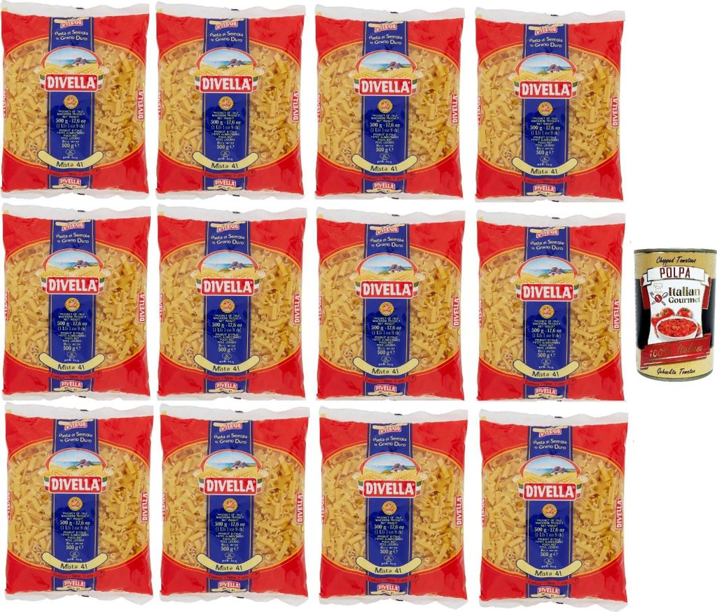 Divella Pasta 100% Italienisch Pasta Mista 41, Nudeln aus Hartweizengrieß, Kochen 7 Minuten 12x 500g + Italian Gourmet polpa 400g