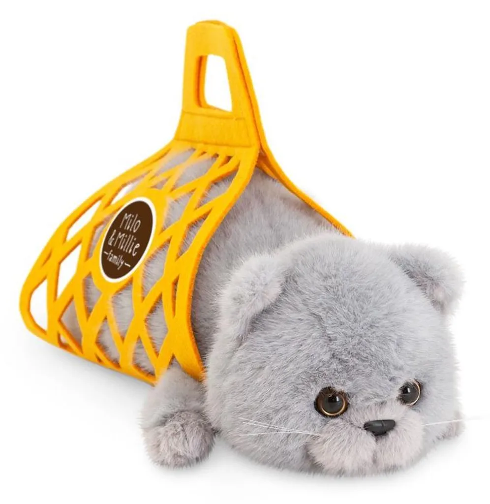 Milo le chat gris peluche chat couché orange sac feutre 35 cm