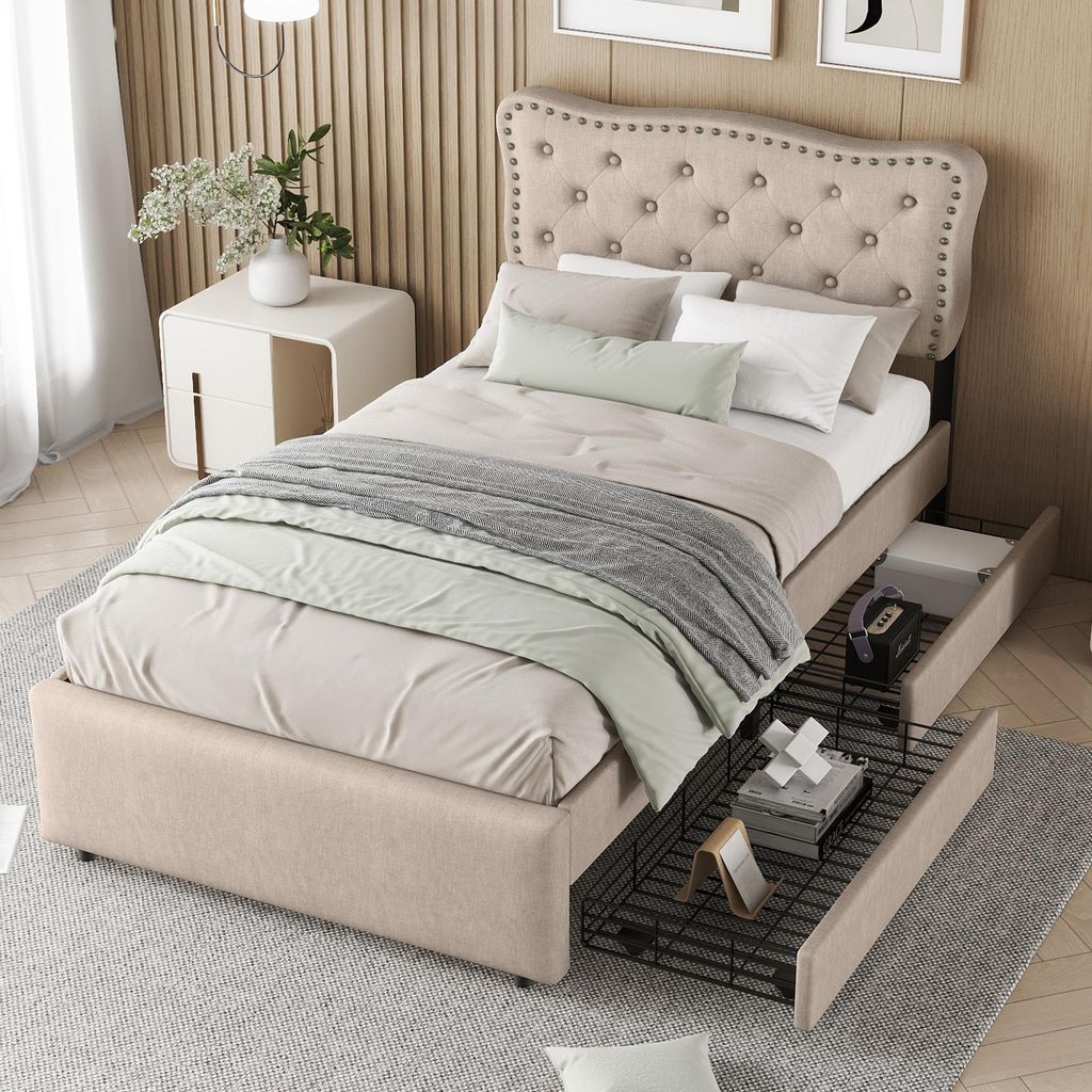 Merax Polsterbett 90 × 200 cm, Flachbett mit 2 Schubladen, dekorativen Nieten Kopfteil, Kinderbett, Jugendbett, Einzelbett, Leinen, Braun