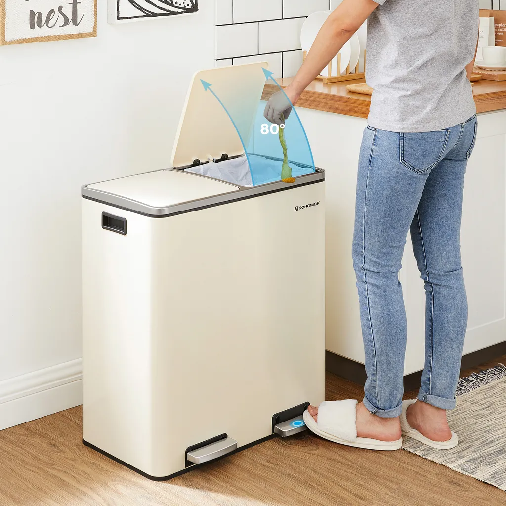 SONGMICS Poubelle à Pédale 2 Compartiments 2x30L Blanc Crème LTB060A01