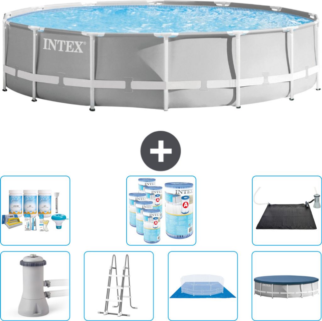 Intex Round Prism Frame Swimming Pool – 427 x 107 cm – Grau – inklusive Pumpe – Leiter – Bodenplane – Abdeckung Wartungspaket - Filter ...