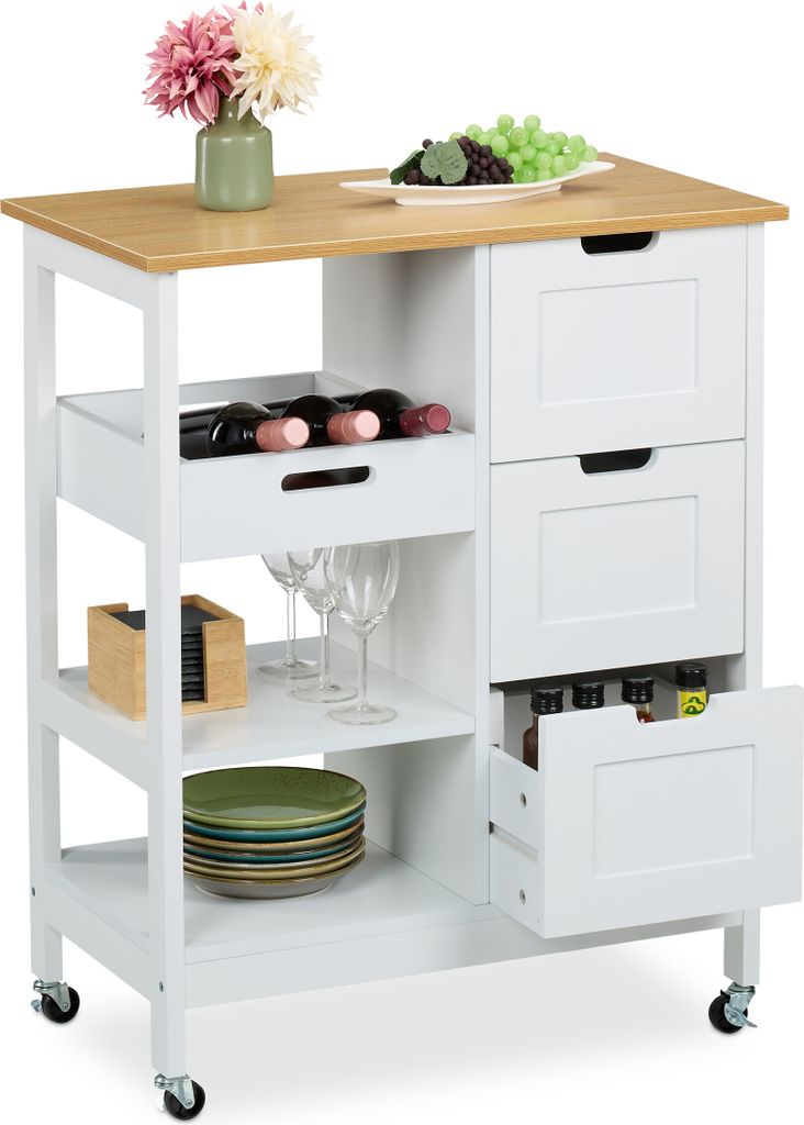 Carrello da cucina Relaxdays, piano di lavoro, 3 cassetti, Immagine del prodotto 