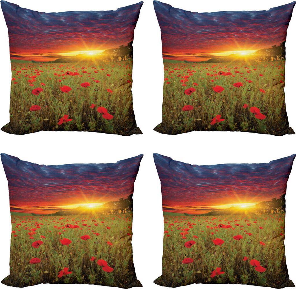 ABAKUHAUS Blume Kissenbezug Set (4 Stück), Wiese Poppies Himmel, Moderner Doppelseitiger Digitaldruck, 40 cm x 40 cm, Grüner Scarlet Kadett-Blau
