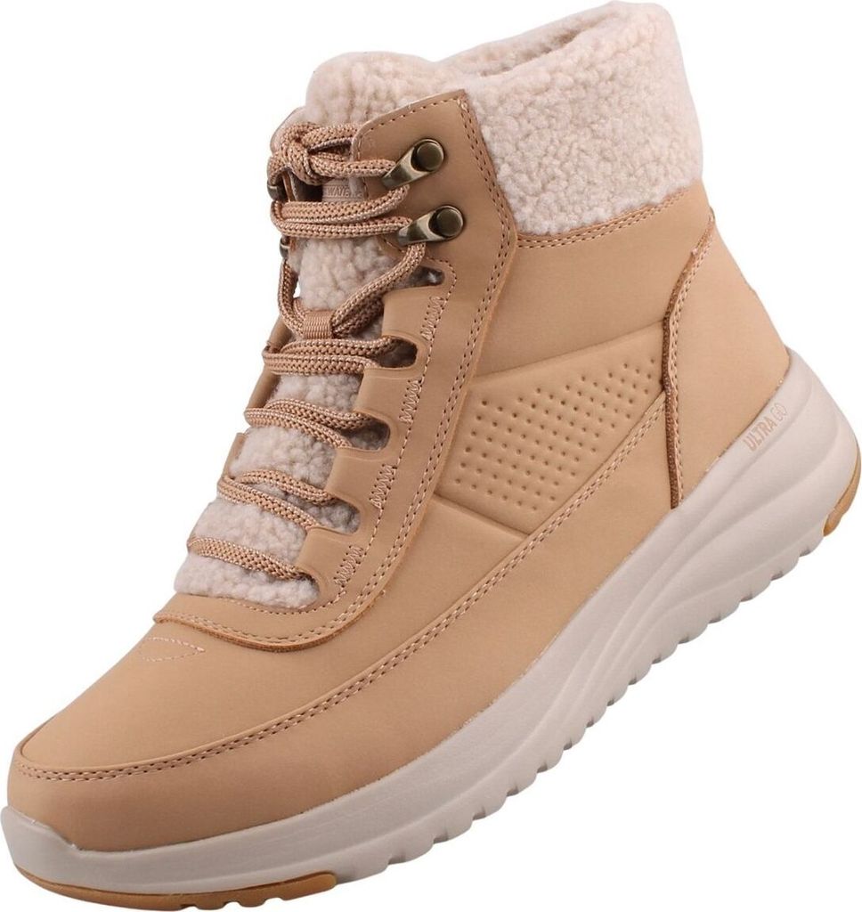 A single tan boot with cream-colored lining and laces, presented against a white background.