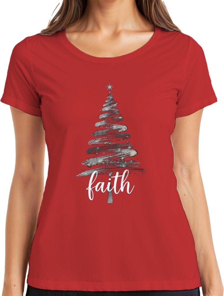 Weihnachtsbaum Faith christlich Glitzer Silber Schwarz Script Damen T-Shirt, Rot, 3XL
