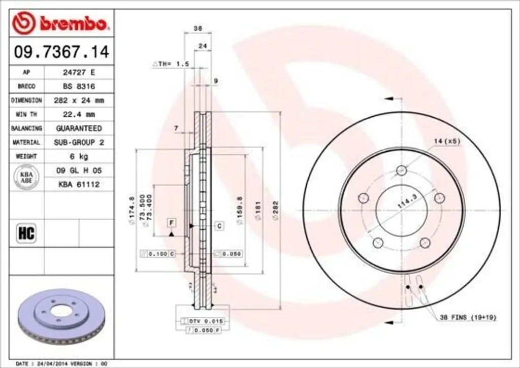 Brembo 09.7367.14 Disque de Frein Haute Qualité OE 4815797 Voyager