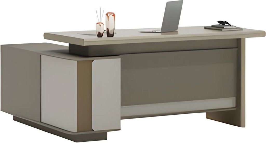 Moderner Schreibtisch Beige und Grau mit Schubladen und LED Beleuchtung für Büro