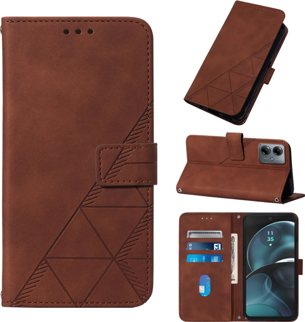 Custodia in pelle flip per Motorola Moto G14 custodia con design a portafoglio con goffratura, porta carte e supporto Marrone