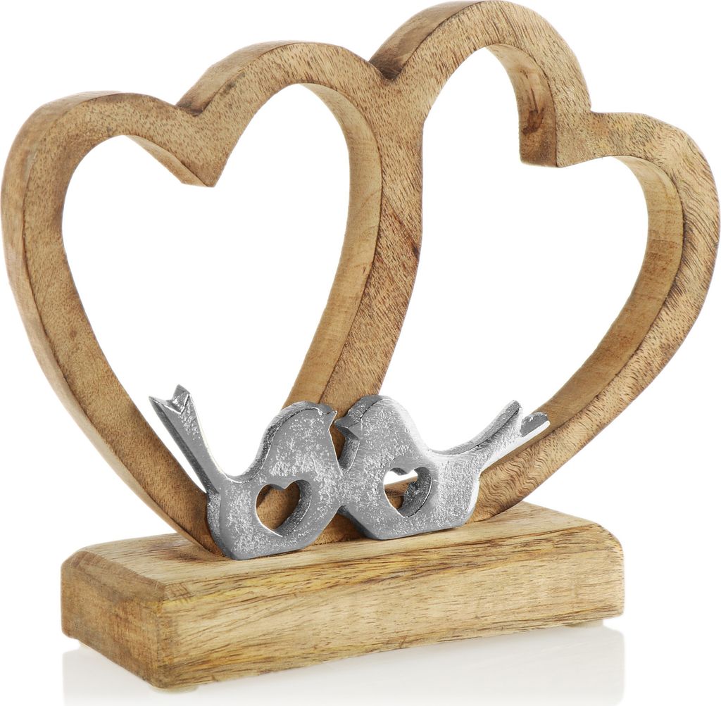 com-four Deko-Aufsteller Herz - Holz-Herz auf Holzsockel - Deko-Herz aus Holz mit 2 Vögeln aus Metall zum Hinstellen - Herzdeko zum Verschenken