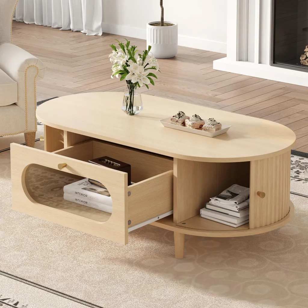Table Basse de Salon Moderne avec Rangement Intégré et Finition Chêne